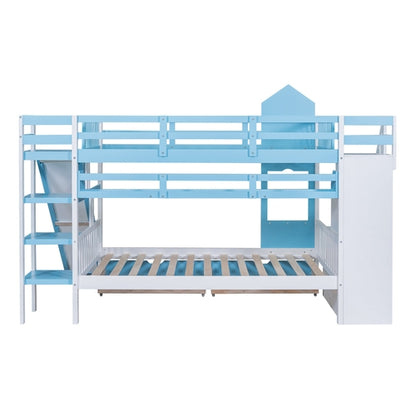 Full-Over-Full Castle Style Bunk Bed with 2 Drawers, 3 Shelves and