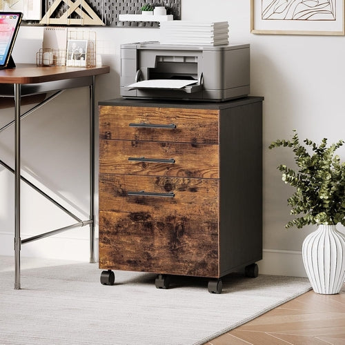 Wooden Three Drawer File Cabinet Under Desk Fits A4 Letter Size Rustic