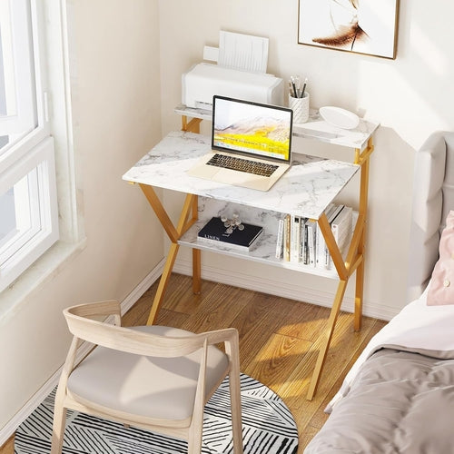27.5 Inch Computer Desk With Monitor Stand And Storage White Marble