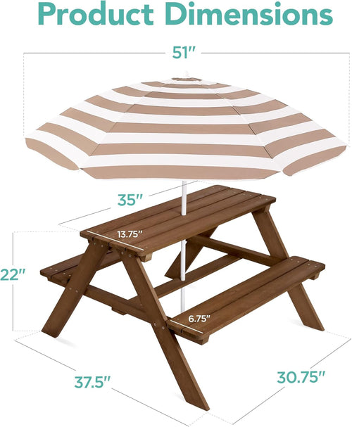 Walnut Wooden Kids Picnic Table With Adjustable Umbrella