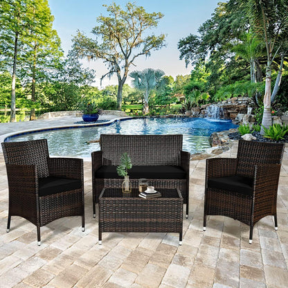 4 Piece Rattan Patio Set With Tempered Glass Table