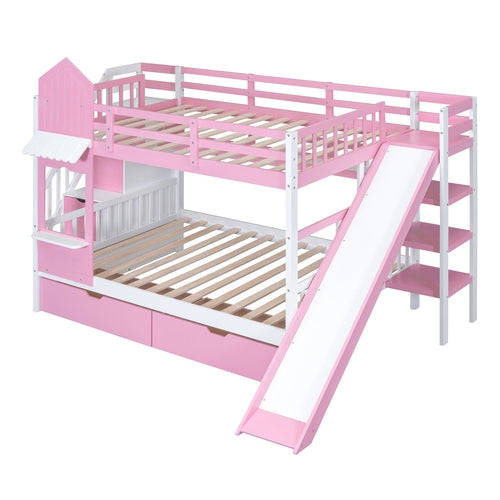 Full-Over-Full Castle Style Bunk Bed with 2 Drawers, 3 Shelves and
