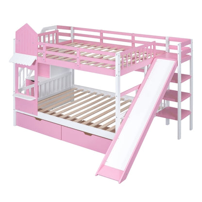 Full-Over-Full Castle Style Bunk Bed with 2 Drawers, 3 Shelves and
