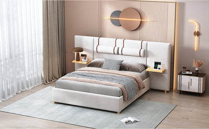Upholstered Platform Bed with Outlets, USB Ports, Pillows and Storage