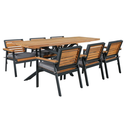 Modern 7-Piece Dining Set, Acacia Wood with Iron Frame, 6 Chairs with