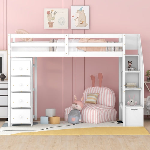 Twin size Loft Bed with Storage Drawers and Stairs, Wooden Loft Bed