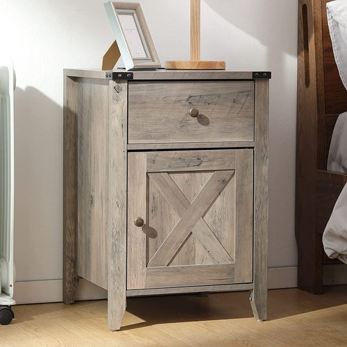 Barnwood Rustic Nightstand With X Shaped Barn Doors Grey