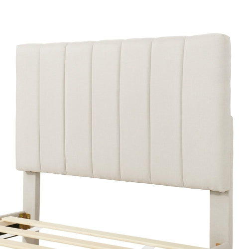 Upholstered Platform Bed with Trundle and 3 Drawers, Linen Fabric