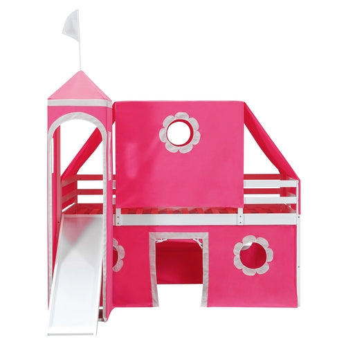 Twin Size Loft Bed with Slide Pink Tent and Tower - Pink