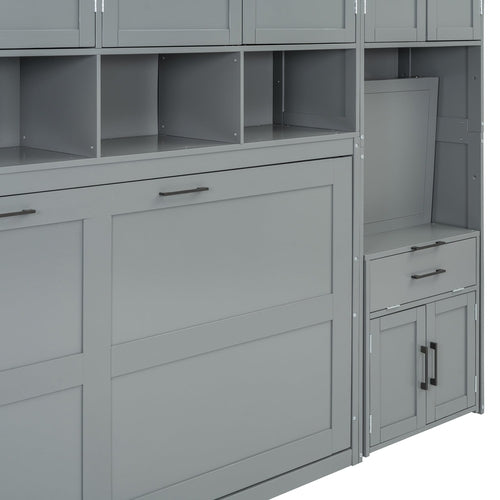 Twin Size Murphy Bed Wall Bed with Closet , Drawers & Desk-Gray
