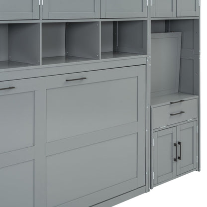 Twin Size Murphy Bed Wall Bed with Closet , Drawers & Desk-Gray