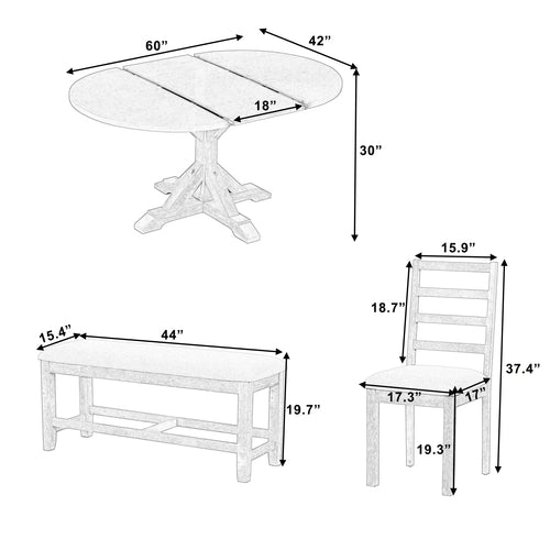 Farmhouse 6-Piece 60inch Extendable Pedestal Dining Table Set with
