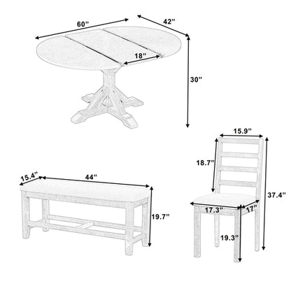 Farmhouse 6-Piece 60inch Extendable Pedestal Dining Table Set with