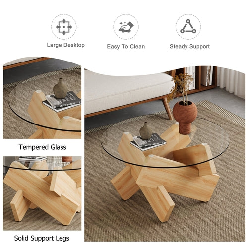Modern Round Glass Coffee Table – 33.4" Tempered Glass Top with MDF