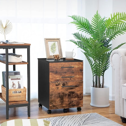 Wooden Three Drawer File Cabinet Under Desk Fits A4 Letter Size Rustic