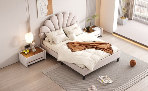 Upholstered Platform Bed with Flower Pattern Velvet Headboard