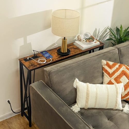 Rustic Brown Sofa Table With Power Outlet And USB Ports