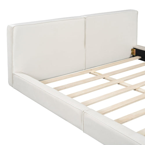 Queen Size Upholstered Platform Bed with Velvet Fabric, Grounded Bed