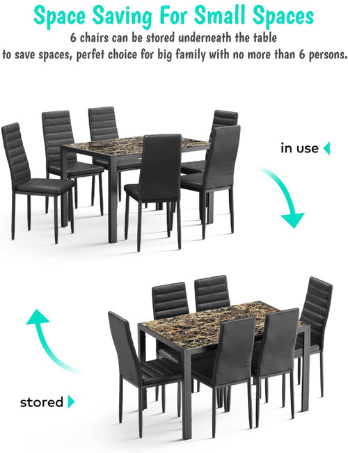 Glass Dining Table Set For 6 With PU Leather Chairs 7 Piece