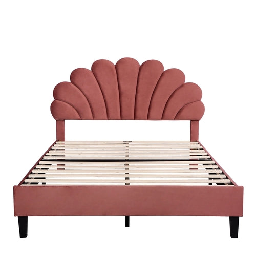 Upholstered Platform Bed with Flower Pattern Velvet Headboard
