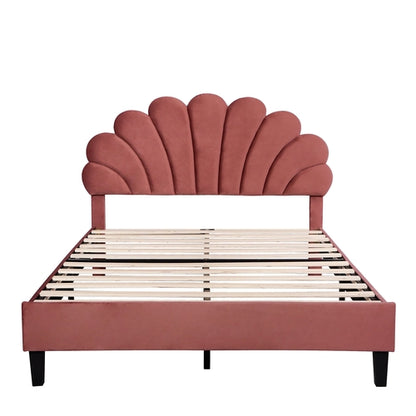 Upholstered Platform Bed with Flower Pattern Velvet Headboard