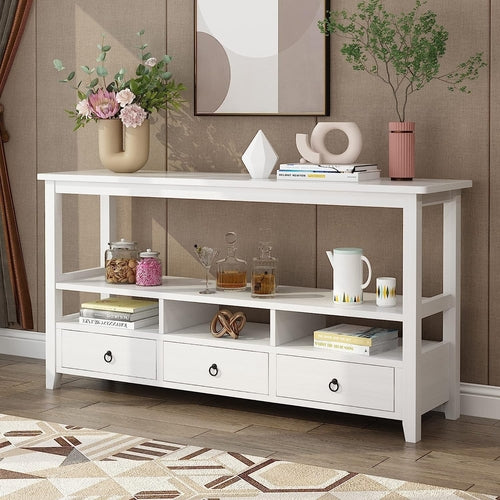 Vintage White Console Table With Storage Drawers And Shelves