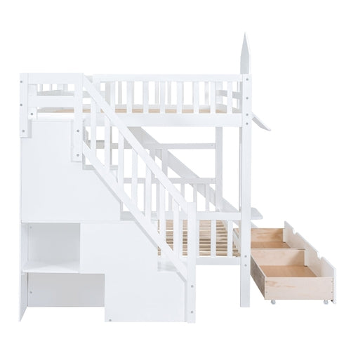 Full-Over-Full Castle Style Bunk Bed with 2 Drawers, 3 Shelves and