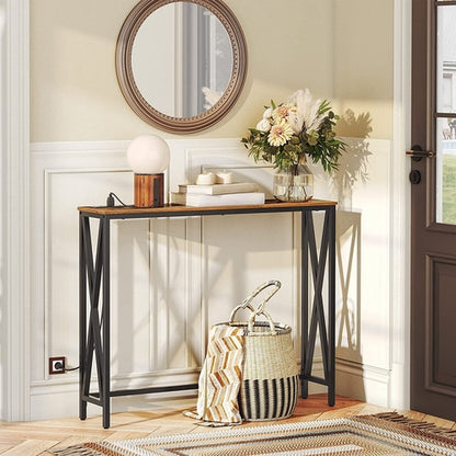 Rustic Brown Sofa Table With Power Outlet And USB Ports