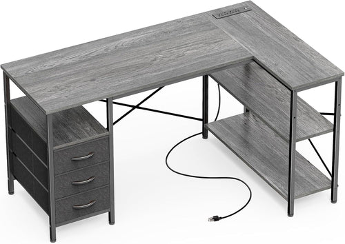 47 Inch L Shaped Desk With Power Outlets And 3 Drawers Grey