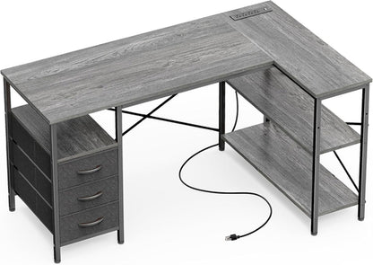 47 Inch L Shaped Desk With Power Outlets And 3 Drawers Grey