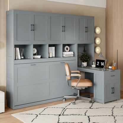 Twin Size Murphy Bed Wall Bed with Closet , Drawers & Desk-Gray