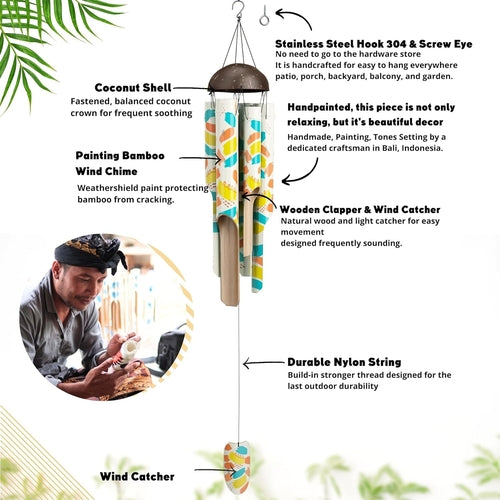 Bamboo Wind Chimes 45" Hand Painted Art Garden Decor Housewarming
