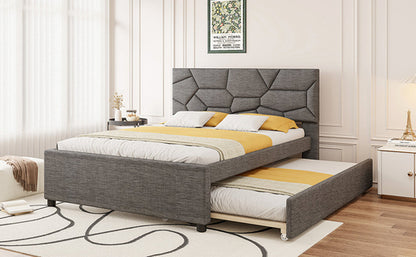 Queen Size Upholstered Platform Bed with Brick Pattern Headboard and
