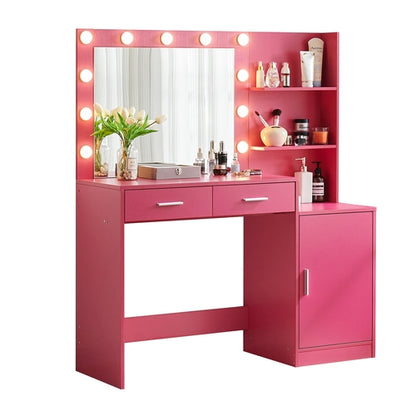 Rose Pink Vanity Desk with Mirror and Lights, Eco-Friendly Particle