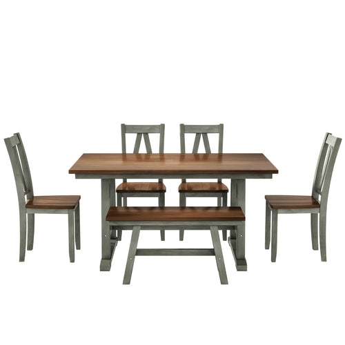 6-Piece Wood Dining Table Set with Long Bench and 4 Dining Chairs,
