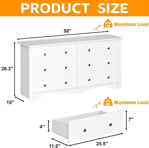 6 Wood Drawers Dresser for Bedroom, Double Dresser for TV up to 65