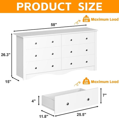 6 Wood Drawers Dresser for Bedroom, Double Dresser for TV up to 65