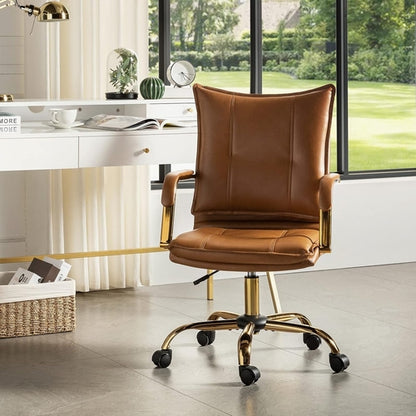 Adjustable Faux Leather Desk Chair With Golden Legs Camel