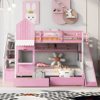 Full-Over-Full Castle Style Bunk Bed with 2 Drawers, 3 Shelves and