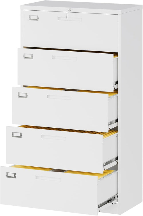 Lateral File Cabinet White 5 Drawer Lockable Office Storage