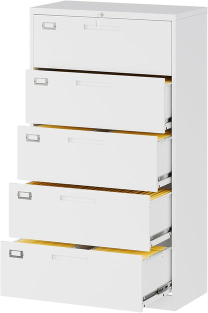 Lateral File Cabinet White 5 Drawer Lockable Office Storage