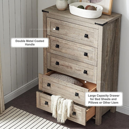 Rustic Oak Tall Dresser 5 Drawer Chest For Bedroom