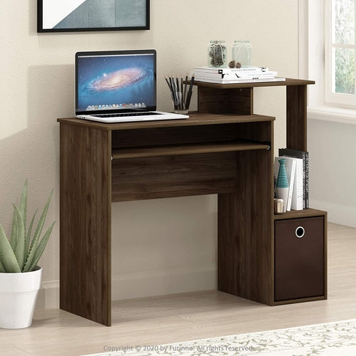 Walnut Compact Desk With Keyboard Tray And Shelves