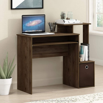 Walnut Compact Desk With Keyboard Tray And Shelves