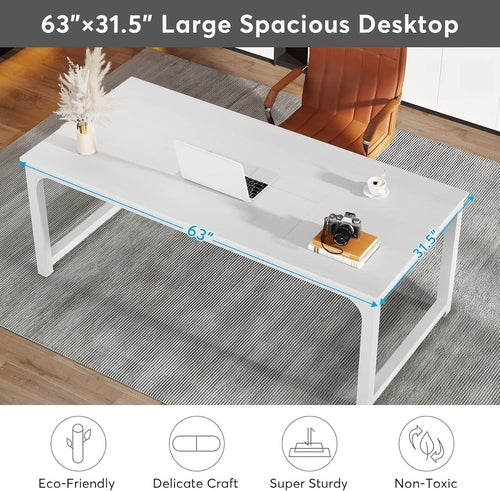 63 Inch White Executive Office Desk 31.5 Inch Wide