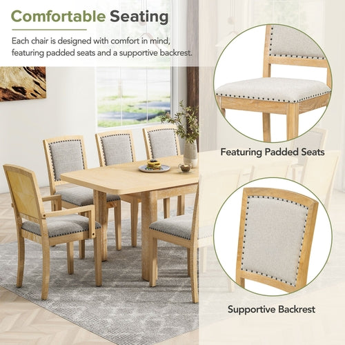 Rustic Extendable Dining Table Set with Removable Leaf, 6 Upholstered