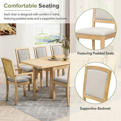 Rustic Extendable Dining Table Set with Removable Leaf, 6 Upholstered