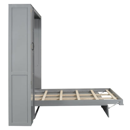 Queen Size Murphy Bed Wall Bed with Shelves, Wardrobe and LED Lights