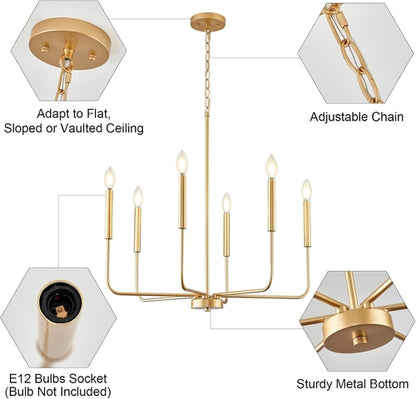 Gold 6 Light Candle Chandelier For Dining Room Modern