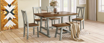 6-Piece Wood Dining Table Set with Long Bench and 4 Dining Chairs,